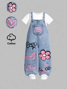 SHEIN ChillGRL Toddler Girl Overalls Girls Floral, Heart, Rainbow Graffiti Print Casual Comfortable Soft Denim Jumpsuit Kids Denim Overalls Toddler Overalls  Girls Overalls Girls Jeans Overalls Girls Jean Overalls Kid Overalls Girls Y2k Halloween Christmas Fall/Winter Holiday Cotton  Vacation White Old Money Childrens Jeans Overall Girls Overall Jumpsuit Girls Denim Overalls - Medium Wash - View 8