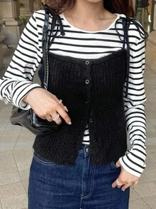 FRIFUL 女士纯色前扣休闲针织吊带背心，秋冬 - 灰色 - 查看 4