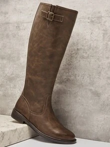 SHUZIA Women's Buckle Strap Round Toe Chunky Heel Knee-High Moto Boots – Versatile, & Comfortable