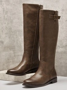 SHUZIA Women's Buckle Strap Round Toe Chunky Heel Knee-High Moto Boots – Versatile, & Comfortable