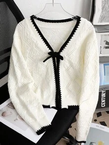 SHEIN 青少年女孩休闲法式设计菱形纹理撞色边长袖针织开衫，长袖上衣秋冬装 FoGirlen - 黑與白 - 查看 3