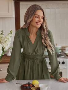 Louniche Women's Elegant Formal Office Commute Casual Holiday Party Vintage Teacher Autumn Middle Eastern Style Solid Mandarin Collar Waistband Elastic Waist A-Line Asymmetric Hem Long Sleeve Maxi Dress - Army Green - View 5