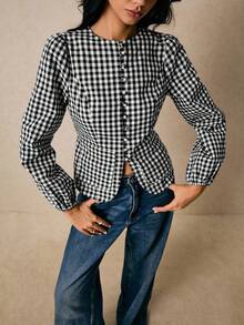 Poéselle Women's Plaid Round Neck Puff Sleeve Single-Breasted Casual Shirt - Black and White - View 4