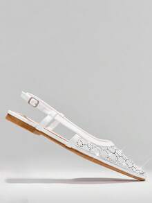 SHUZIA 女士白色网眼水钻尖头露跟平底鞋——优雅闪耀，舒适舒适。婚礼、派对或日常造型的完美之选，更添时尚气息。 - 白色 - 查看 7