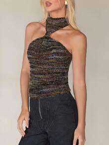 Aloruh Women's Fall Goth Sexy Metal Buckle Decor Off The Shoulder Jacquard Knit Elastic Camisole,Fall Clothes For Women,Gothic Women Clothes - Multicolor - View 2