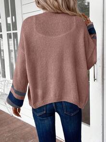 EMERY ROSE Plus Size Women's Casual Colorblock Striped Pattern Drop Shoulder Loose Lantern Sleeve Open Front Cardigan, Autumn