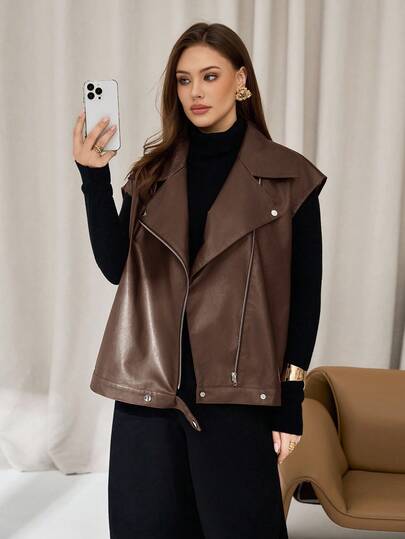 Auralis 大码女式秋冬时尚休闲宽松舒适日常基本百搭棕色 PU 皮背心夹克、秋季外套、休闲女装、女式秋季服装、女式西装、返校装、Y2k 服装、街头服饰、女式冬季夹克