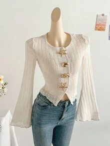 Soleia 全新休闲度假西部海滩婚礼宾客服装、毕业早午餐、圣帕特里克节、春假、复活节、音乐节、优雅波西米亚热带金属装饰黑白条纹纹理喇叭袖女式 T 恤 - 杏色 - 查看 4