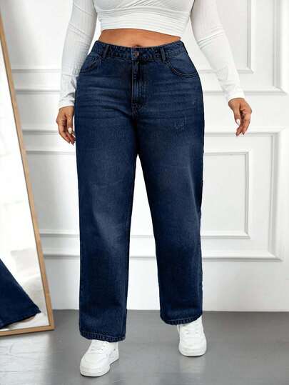 EURMUSE Plus Size Casual Versatile Button Pocket Straight Leg Jeans Women Jeans Baggy Mom Jeans Women Jeans High Waist High Waisted Jeans Baggy Jeans