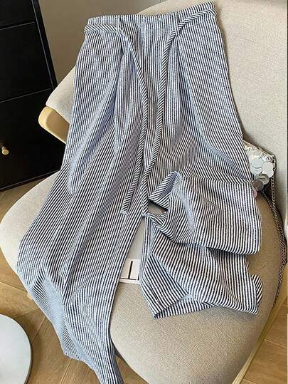 Franclia 韩版复古竖条纹宽松休闲裤女高腰宽松阔腿直筒裤夏季