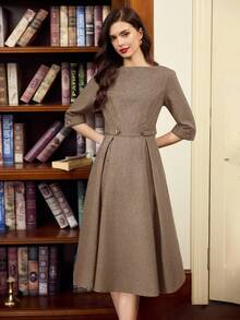 Vintamour Vintage klassisch elegantes Damenkleid, figurbetontes Boot-Ausschnitt 3/4 Arm Kleid mit Taillengürtel und Knöpfen, marineblau Kleid Herbstkleidung formelle Kleider für Frauen braunes Kleid Business Lässig Frau Frauenkleider Herbst Winter Silvester Kleid Silvester Frauenkleidung braunes Kleid - Braun - Übersicht 7