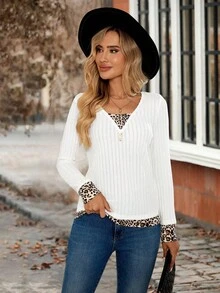 SHEIN LUNE Women's Leopard Print Patchwork Button Design Long Sleeve Casual Ribbed T-Shirt - White - View 3