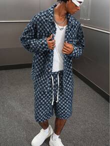 PAVTROS 男士格纹长袖夹克和抽绳腰短裤休闲牛仔套装，秋季 - 藍色 - 查看 3