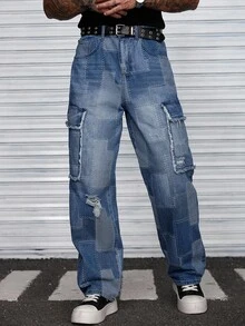 Manfinity Roughcore Men's Personalized Street Retro Loose Blue Mosaic Plaid Raw Edge Patch Large Pocket Jeans, Suitable For Parties And Work, Emo Style - Blue - View 3