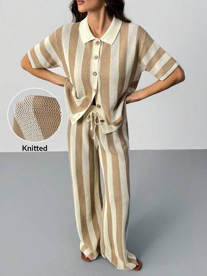 SHEIN Tall Women's Wool Striped Top + Sweater Pants Two Pieces Set Striped Set Pants Suit Pant Suit Summer Sets Shirt And Pants Set Knit Striped Set