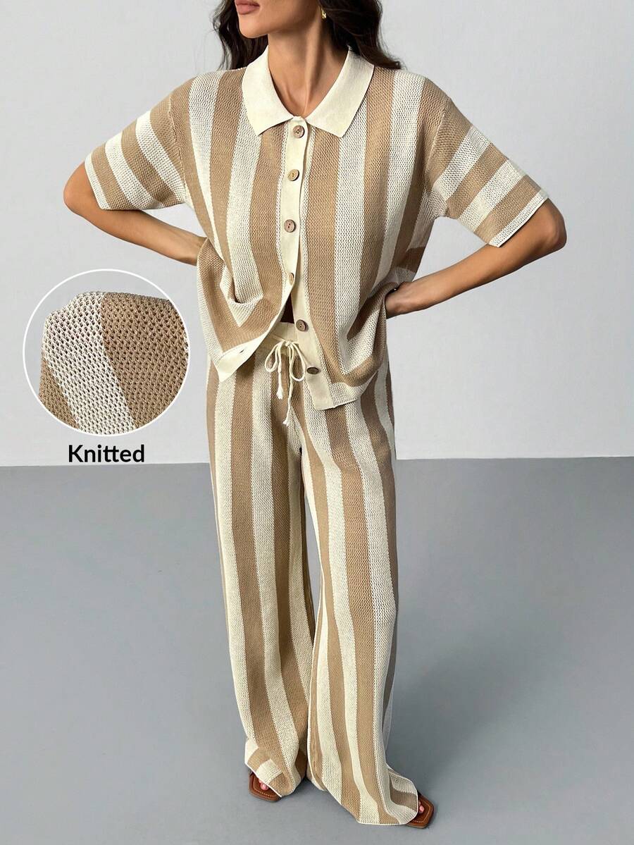SHEIN Tall Women's Wool Striped Top + Sweater Pants Two Pieces Set Striped Set Pants Suit Pant Suit Summer Sets Shirt And Pants Set Knit Striped Set - Multicolor - View 1