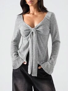 LYSMO 女式打结甜心领喇叭袖开衩下摆时尚T恤 - 彩色 - 查看 4