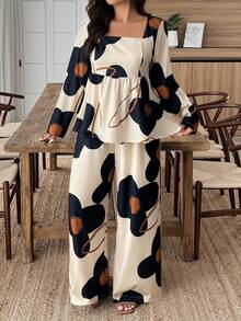 Weeklong Plus Size Women Floral Print Ruffle Hem Square Neck Shirt And Pants Set - Multicolor - View 3