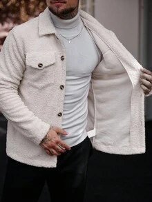Manfinity Homme 男士休闲纯色绒毛外套，适合秋冬季节，男士法兰绒，冬季男士夹克，外出保暖长袖外套，送给朋友、丈夫、男友的礼物，奶油色男士针织纽扣毛衣外套，男士衬衫式毛衣 - 杏色 - 查看 5