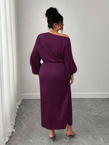 SHEIN Elenzya Plus Size Women Satin Asymmetric Ruffled Cold Shoulder Bodycon A-Line Dress - Purple - View 2
