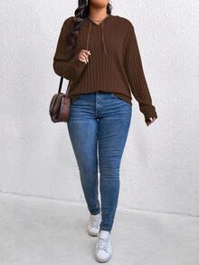 Plus Size Women's Casual Solid Color Ribbed Sweatshirt Fall - Coffee Brown - View 6