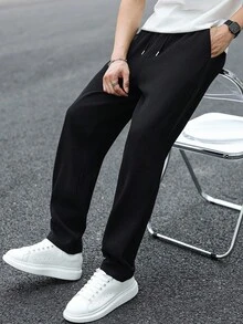 Manfinity Hypemode Quần ống rộng đơn sắc có dây rút túi eo cho nam, mùa thu - màu đen - Xem 3