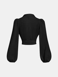 SHEIN MOD Women's Crossed V-Neck Black Bow Lantern Sleeve Fashionable Blouse,Black Top