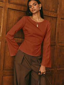 Poéselle Women's Casual Solid Color Bell Sleeve Boat Neck Blouse - Rust Brown - View 2