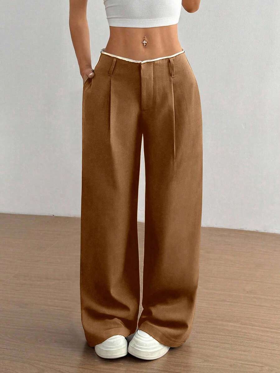 Flirla 百搭通勤商务女士高腰拼接设计超修身直筒驼色裤子 - 棕色 - 查看 1