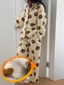 DAZY Women's Bear Pattern Plush Loose Pajama Set, Winter, Fall Clothes Thermal Lined, Fluffy, Cozy - Apricot - View 3