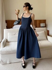 K-Vae 女士四季牛仔连衣裙、女士冬装、蕾丝领长裙、派对连衣裙、新年装 - 中等水洗藍 - 查看 6