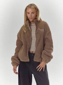 MUSERA High Neck Embroidered Elasticated Toggle Detail Fleece Jacket Cosy Cute Casual Coffee Club Winter - Camel - View 5