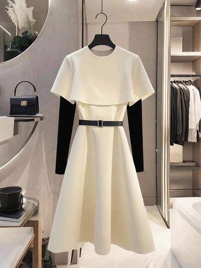 GlowEve 秋冬拼色圆领斗篷袖金属扣腰带A字型女式连衣裙