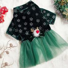 PETSIN 1pc Christmas Green Velvet Pet Dress – Snowflake & Silver Foil Splice, Mesh Bow Tie, Deer Decor, Luxurious Holiday Dog Outfit - Multicolor - View 14