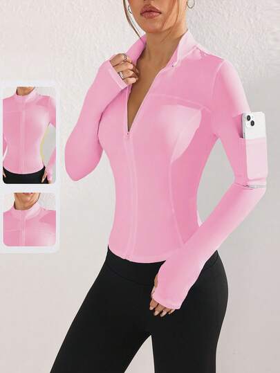 SHEIN Sovereign Charm Chaqueta deportiva ajustada de manga larga con cremallera y unicolor para mujer