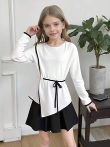 Camisa casual com gola redonda, manga longa, amarração na cintura e barra assimétrica para meninas pré-adolescentes - Branco - Visão 6