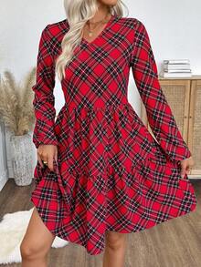 EMERY ROSE Váy dài vừa phải, tay bồng, cổ chữ V, họa tiết kẻ caro, viền bèo nhún dành cho nữ - Đỏ - Xem 5