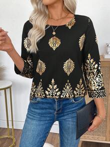 EMERY ROSE 女士节日箔花印花圆领七分袖时尚衬衫 - 黑色 - 查看 6