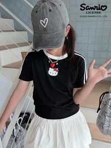 HELLO KITTY | DAZY Tween Girl Collab 针织圆领短袖印花 T 恤，夏季女童超大码 T 恤 - 黑色 - 查看 1