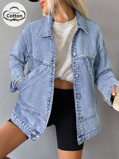 SHEIN 少女休闲浅色水洗落肩长袖贴袋宽松单排扣牛仔外套，秋冬牛仔夹克大衣，街头风，返校季，日常休闲穿搭，Y2K，90年代2000年代复古外套