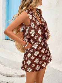 Vivid Eden 女式复古风格印花无袖上衣和短裤两件套 - 棕色 - 查看 5