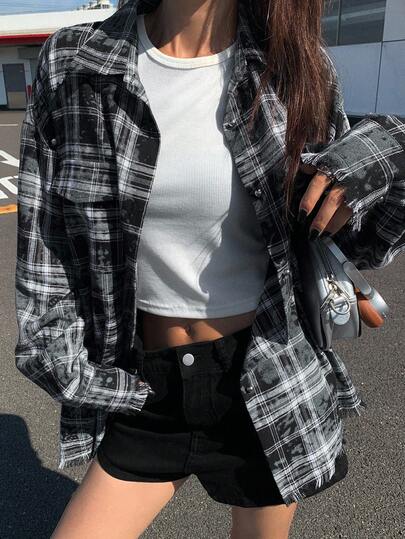 DAZY 女式拼色格子宽松翻领长袖毛边铆钉装饰休闲街头风格衬衫，秋冬