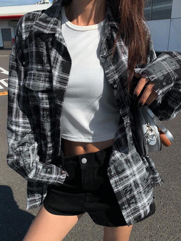 Color Block Plaid Loose Turndown Collar Long Sleeve Frayed Hem Rivet Decor Casual Street Style Shirt For Women, Autumn/Winter