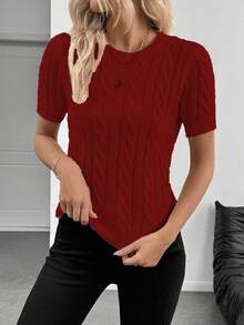 EMERY ROSE Blogger-Inspired Twist Rope Decor Round Neck Knit Sweater, Versatile For Autumn/Winter Cute Red Top Dark Red Top Knit Tops Red Sweater Knit Top Women, Christmas - Red - View 7