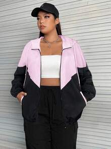 SHEIN EZwear Plus Size Women Casual Sports Style Contrast Color Zipper Jacket In Fall/Winter