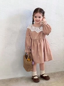 SHEIN Kleid mit Spitzenkragen, Schmetterlingsstickerei und Cord-Langarm für Baby Mädchen, Herbst/Winter - Khaki - Übersicht 3