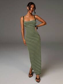 Athîral 女式条纹修身时尚吊带长裙 - 軍綠色 - 查看 3