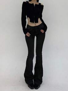 DAZY Women's Slim Fit Low Waist Flare Leg Long Denim Jeans - Black - View 3