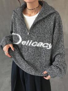 FRIFUL Women's Half-Zip Polo Collar Letter Print Contrast Color Loose Thick Fleece Sweater - Grey - View 3