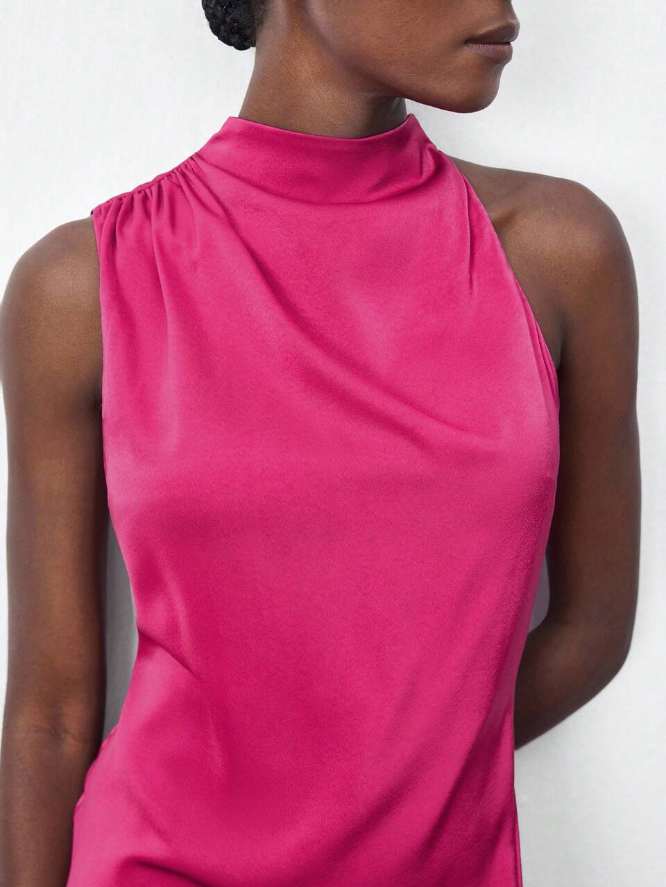 SHEIN Maija Women's Fuchsia Pink Summer Elegant Dinner Dress,Stand Collar Pleated Sleeveless Side Slit Hem Wedding Guest Outfit,Old Money Style Cruise Clothing